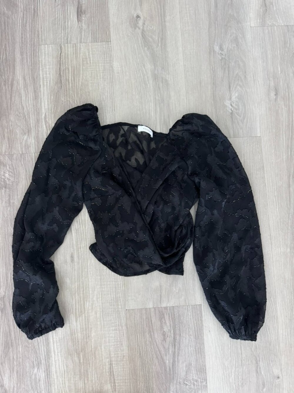 Kookai Black Devore Floral Sheer Balloon Sleeve Tie Back Crop Top 38 M